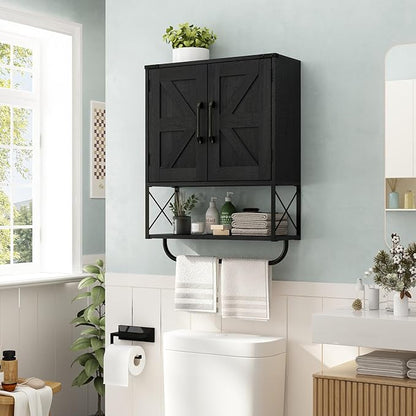 RUSTOWN Farmhouse Medicine Cabinet with 2 Barn Door, Wood Wall Mounted Storage Cabinet with Adjustable Shelf and Towel Bar, 3-Tier Bathroom Cabinet for Bathroom, Living Room(Black, Medium)