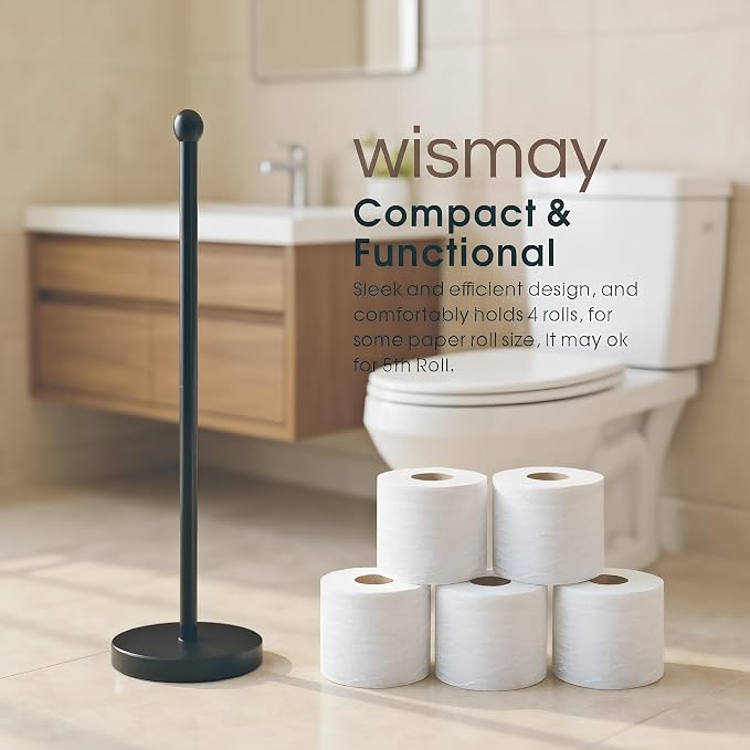 Toilet Paper Holder Stand for Max 5 Paper Rolls, Freestanding TP Holder, Paper Roll Storage for Bathroom, Stainless Steel - Black
