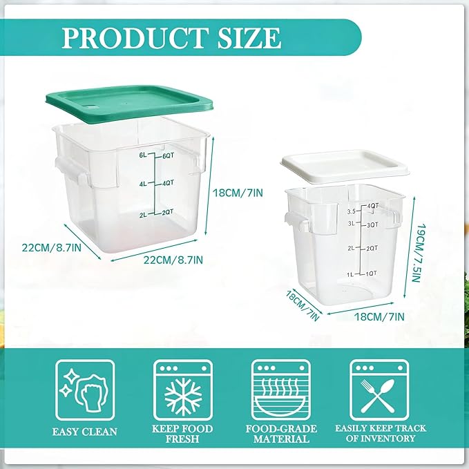 Lallisa 4 Pcs 8 Qt and 4 Qt Clear Food Storage Containers with Lids, Handles and Scales, Commercial Grade Square Containers Polycarbonate Air Tight for Home Storage Kitchen Restaurant(White, Green)