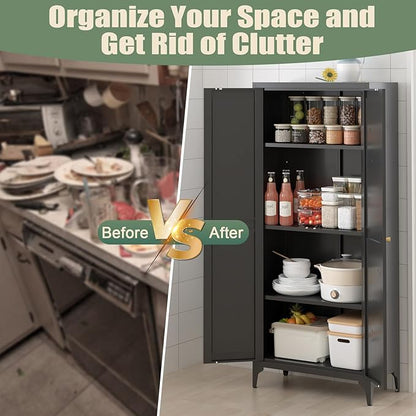 65"Tall Kitchen Pantry Storage Cabinet,Black Metal Storage Cabinets with Doors and Adjustable Shelves,5 Tier Freestanding Kitchen Cupboard for Dining Room Office Bathroom (Black, 65"H x 13"D x 27"W)