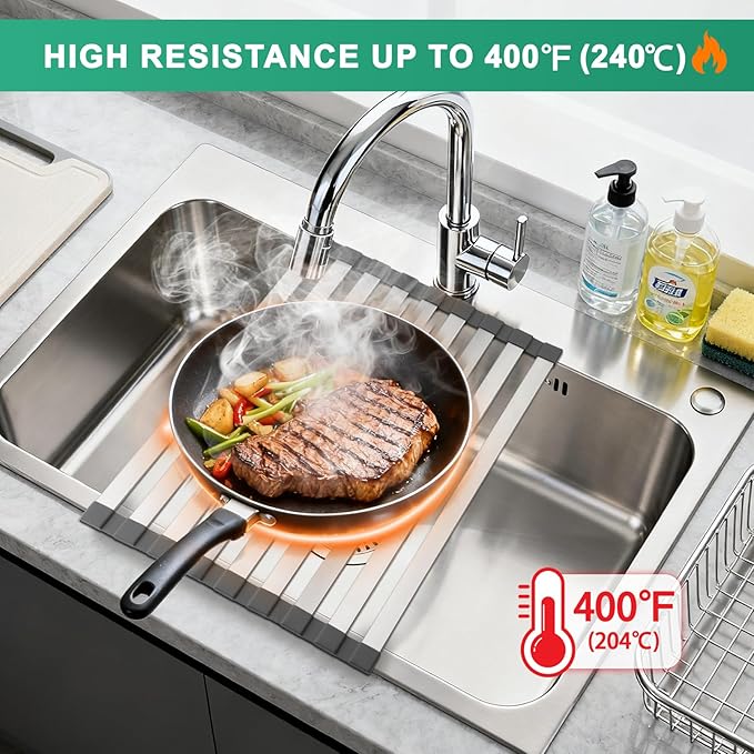 19" X 13" Roll Up Dish Drying Rack，Over The Sink Drying Rack 304 Stainless Steel Foldable Heat-Resistant Dishes Drainer for Kitchen and RV Sink Counter