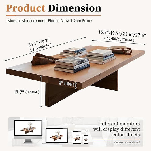 Solid Wood Square Coffee Table 2 Inch Thick Farmhouse Low Minimalist Center Table for Living Room Office