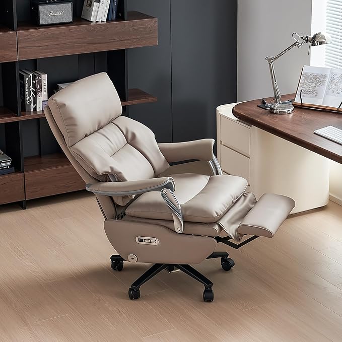EMIAH Ergonomic Office Chair with Foot Rest Electric Executive Office Chair Reclining with Massage Big and Tall High Back Computer Chair with Wheels, Sustainable Leather (Light Khaki)