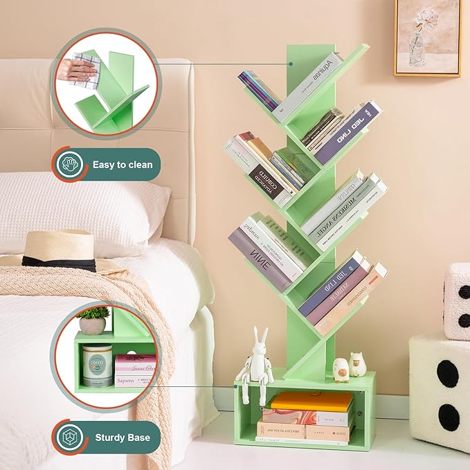 Yoobure Tree Bookshelf - 6 Shelf Retro Floor Standing Bookcase, Tall Wood Book Storage Rack for CDs/Movies, Utility Book Organizer Shelves for Bedroom, Living Room, Home Office Green