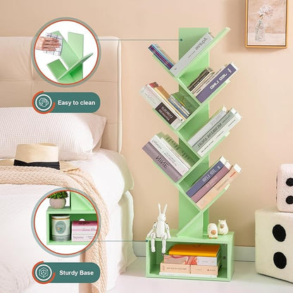 Yoobure Tree Bookshelf - 6 Shelf Retro Floor Standing Bookcase, Tall Wood Book Storage Rack for CDs/Movies, Utility Book Organizer Shelves for Bedroom, Living Room, Home Office Green