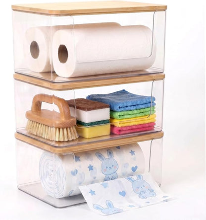 3 Pack Trash Bag Holder, Stackable Garbage Bag Dispenser with Lid | Clear Plastic Organizer with Bamboo Lid, Space-Saving Under Sink Storage for Kitchen, Laundry Room, Pantry & Cabinet