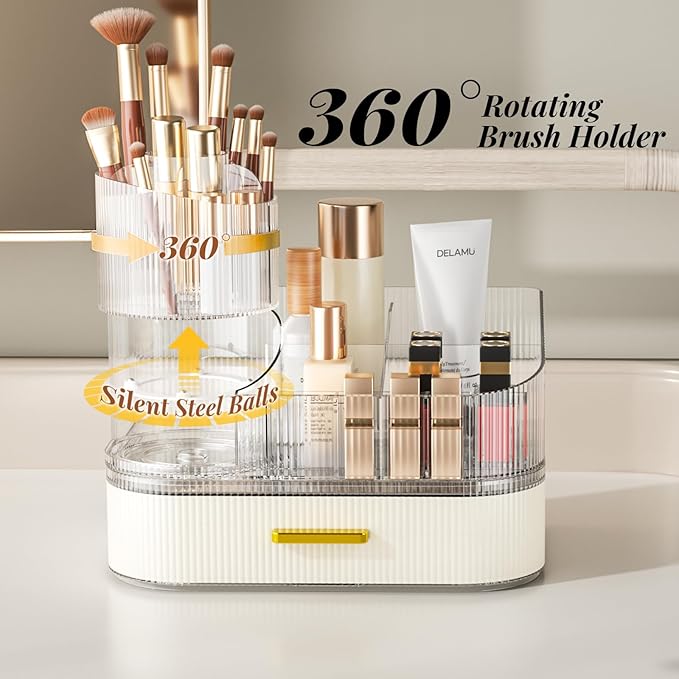 Delamu Makeup Organizer for Vanity with Stackable Drawers, 360 Rotating Makeup Brush Holder Large Cosmetic Display Case, Bathroom Skincare Storage, Elegant White, Ideal Christmas Gifts for Girls