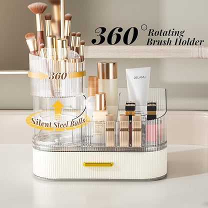 Delamu Makeup Organizer for Vanity with Stackable Drawers, 360 Rotating Makeup Brush Holder Large Cosmetic Display Case, Bathroom Skincare Storage, Elegant White, Ideal Christmas Gifts for Girls