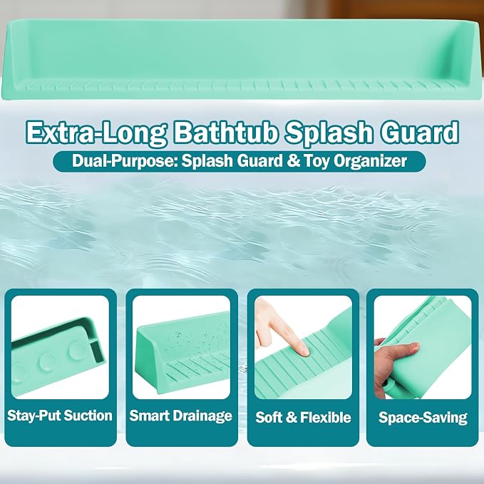 Bathtub Splash Guard for Tub Kids- 31" Extra Long Silicone Bath Play Shelf, Toy Tray & Caddy Holder, Prevent Water Spills & Messy Floors, Tub Edge Guard for Bathroom- Light Green