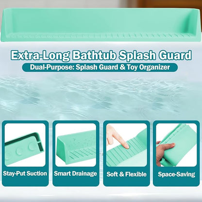 Bathtub Splash Guard for Tub Kids- 31" Extra Long Silicone Bath Play Shelf, Toy Tray & Caddy Holder, Prevent Water Spills & Messy Floors, Tub Edge Guard for Bathroom- Light Green