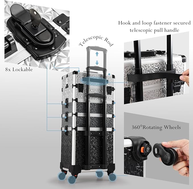 Stagiant Rolling Makeup Train Case Cosmetology Case on Wheels 4 in 1 Large Cosmetic Case with Wheels Makeup Travel Case with Keys Nail Kits Organizer Artist Salon Storage Traveling Cart Trunk Tricolor