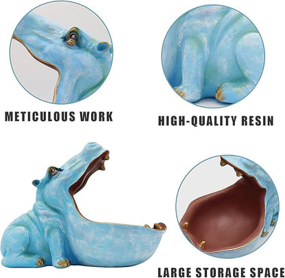 aboxoo Hippo Statue Home Resin Hippopotamus Figurine Fun Candy Dish,Key Bowl,Big Mouth Sculpture Table Art Decoration Sundries Container Storage Box (Light Blue)