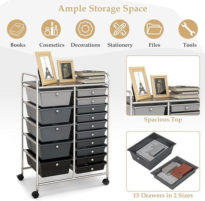 HAPPYGRILL 15-Drawer Rolling Cart, Storage Carts with Removable Drawers & Steel Frame, Utility Cart on Lockable Wheels for Home, School, Office, Black Gradient