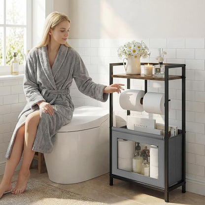 Toilet Paper Holder Free Standing with Storage Basket, Bathroom Tissue Holder Stand with Top Wood Shelf for Phones, Wet Wipes, Small Plants, Metal Toilet Paper Rack for Bathroom Organizer, Black