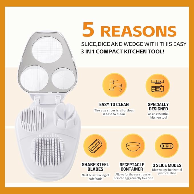 3-In-1egg Slicer For Hard Boiled Eggs,Stainless Heavy Duty Steel Egg Slicer Kitchen Gadget, Fit Strawberry,Apple,Banana,Cherry,Tomato,White