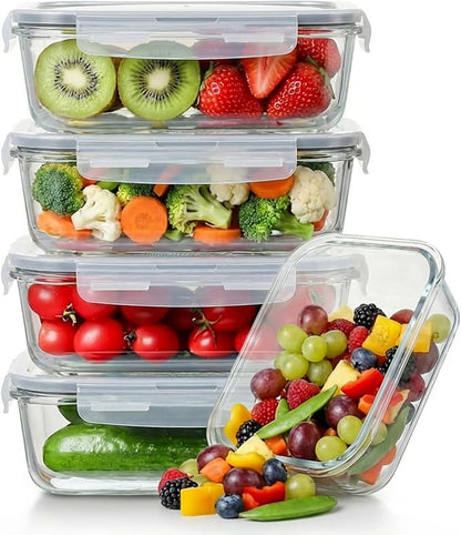 5 Pack 35oz Large Glass Food Storage Containers with Lids, Meal Prep Containers, Airtight Reusable Lunch Container Set, Safe for Oven, Microwave, Freezer, and Dishwasher