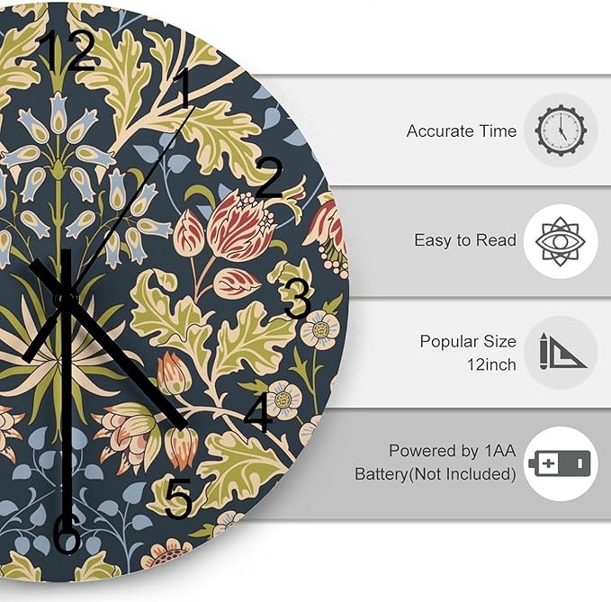 Retro Floral Wall Clock, Vintage William Morris Style Flowers and Foliage Round Clocks Wall Decor Silent No Ticking 12 Inch Wooden Clock for Bedroom Living Room Home Office