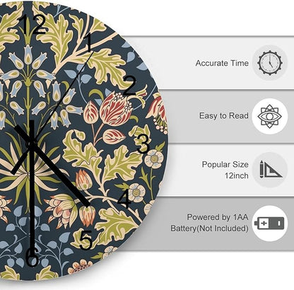 Retro Floral Wall Clock, Vintage William Morris Style Flowers and Foliage Round Clocks Wall Decor Silent No Ticking 12 Inch Wooden Clock for Bedroom Living Room Home Office