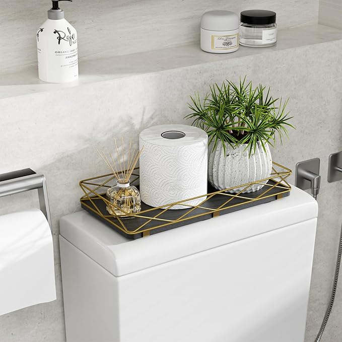 Toilet Paper Basket Holder, 13" Bathroom Tray Countertop, Wood and Metal Toilet Tank Tray Bathroom Vanity Organizer for Toiletry, Kitchen Sink Organizer for Soap Dispenser (Black + Gold)