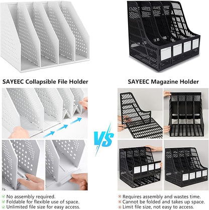 SAYEEC Collapsible Magazine Holder Plastic Desktop 4 Compartment File Rack Magazine Organizer Vertical File Divider Sorter Storage Document Organizer for Office Home School Black
