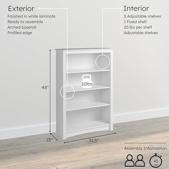 Prepac Sonoma 4-Tier Bookcase 48"H with 3 Adjustable Shelves, White Storage Cabinet, Modern Display Cabinet, Bookshelf with Storage Shelves for Home Office, Living Room Organizer