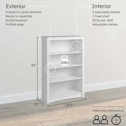 Prepac Sonoma 4-Tier Bookcase 48"H with 3 Adjustable Shelves, White Storage Cabinet, Modern Display Cabinet, Bookshelf with Storage Shelves for Home Office, Living Room Organizer