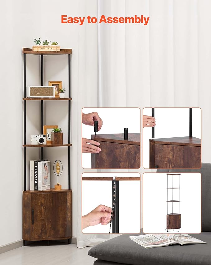 VEVOR 5 Tier Corner Shelf with LED Light, 65.4" Tall Corner Bookshelf with Storage Cabinet, Display Shelf with Multi-Color Lights Controlled Via RC/APP for Bedroom, Living Room, Office