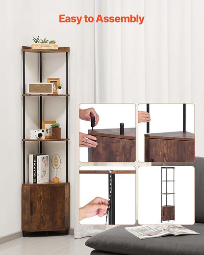 VEVOR 5 Tier Corner Shelf with LED Light, 65.4" Tall Corner Bookshelf with Storage Cabinet, Display Shelf with Multi-Color Lights Controlled Via RC/APP for Bedroom, Living Room, Office