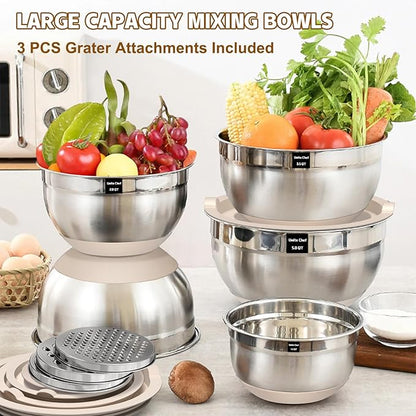 Umite Chef Mixing Bowls with Airtight Lids Set, 8PCS Stainless Steel Nesting Bowls with Grater Attachments, Non-Slip Bottoms, 5, 4, 3.5, 2, 1.5QT for Mixing & Serving