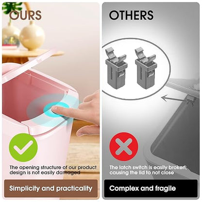 CEROELDA 3 Pack Bathroom Trash Can with Lid, 10L/2.6 Gal Small Garbage Can with Press Top Lid, Slim Plastic Waste Basket for Toilet, Office, Bedroom (Pink)