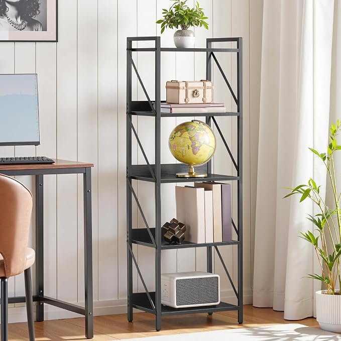 HOOBRO Bookshelf, 5-Tier Industrial Bookcase, Book Shelf Storage Organizer, Tall Bookshelf with Metal Frame for Living Room, Bedroom, Home Office, Kitchen, Black BB73SJ01