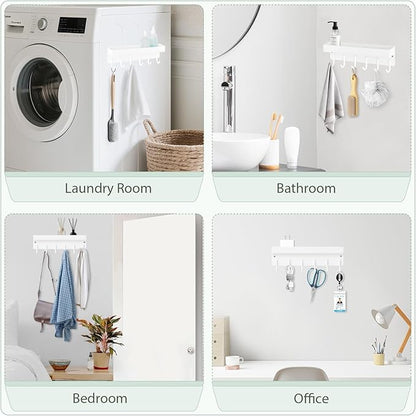 Magnetic Key Holder Wall Mount, Small Metal Key Rack with Tray, 9.6 Inch, 6 Hooks, 2 Installation Options, White