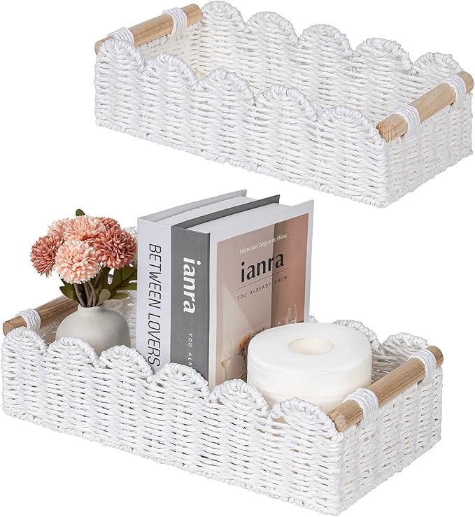 CubesLand Toilet Paper Storage Basket, Scalloped Edge Shelves Basket for Organizing for Over Toilet Tank Storage, Home Decor Baskets for Shelf, Countertop, Living Room, Bedroom, Handwoven, White