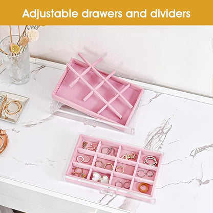ProCase Earring Holder Organizer Jewelry Box with 10 Drawers, Acrylic Clear Earring Case with Adjustable Velvet Trays for Women - Pink, 10 Layers