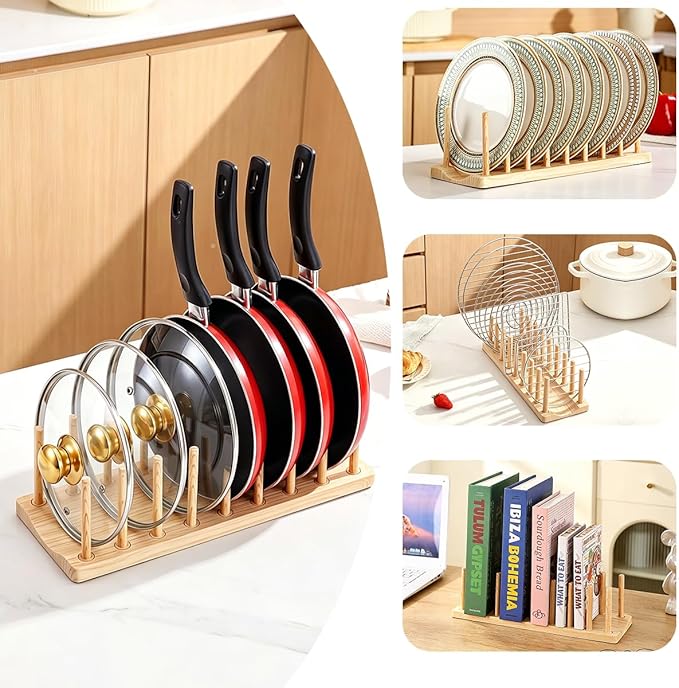 HOMQUEN Pot Lid Organizer, Sturdy Plastic Pan Lid Organizer Rack, 8 Adjustable Compartments - For Cabinet and Countertop, Pot Lids, Pans, Plates, Bowls, Cups, Cutting Boards and Books