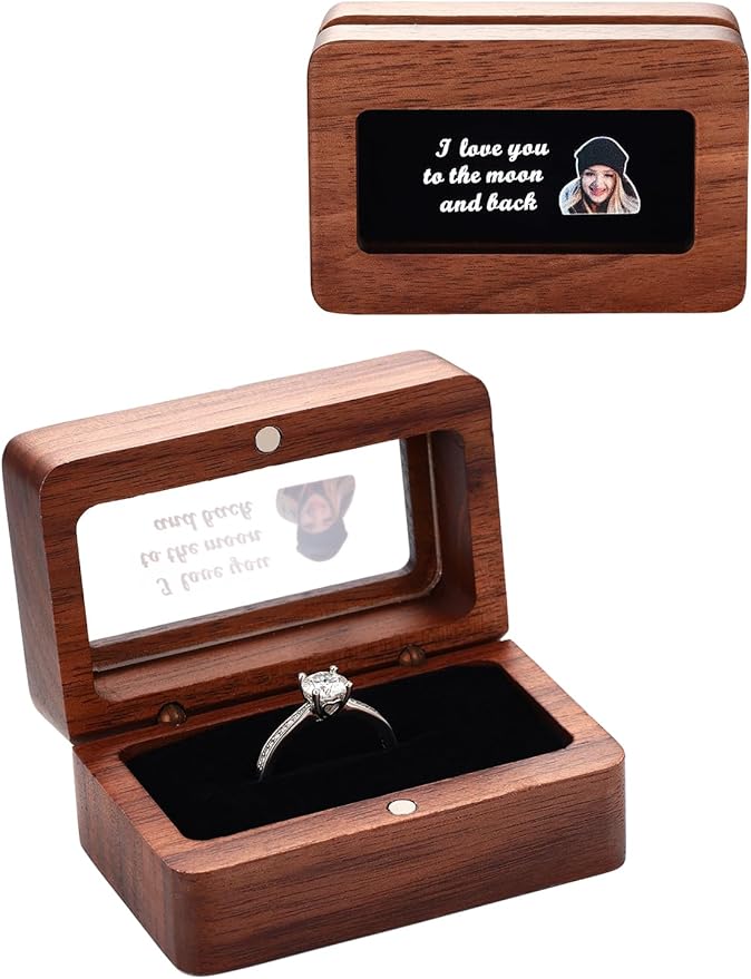 Custom4U Personalized Photo Ring Box Vintage Wooden Ring Box for Wedding Ceremony Custom Name and Date Rectangle Storage Jewelry Box for Her Him