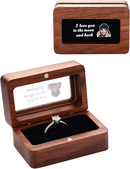 Custom4U Personalized Photo Ring Box Vintage Wooden Ring Box for Wedding Ceremony Custom Name and Date Rectangle Storage Jewelry Box for Her Him
