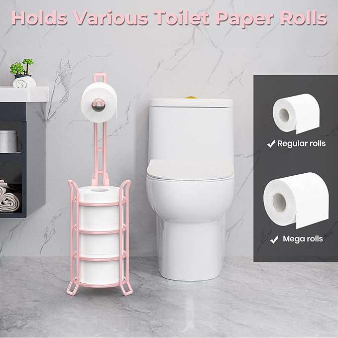 TomCare Toilet Paper Holder Toilet Paper Stand and Dispenser for 3 Spare Rolls Metal Wire Free-Standing Toilet Tissue Paper Roll Storage Shelf Bathroom Accessories Storage Organizer Pink