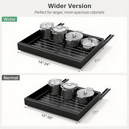 Pull out Cabinet Organizer, Wider Expandable(14"-24") Heavy Duty Slide out Drawers Fixed with Adhesive Nano Film for Pots and Pans, Roll out Shelf Storage for Kitchen Base Organization 2-Pack
