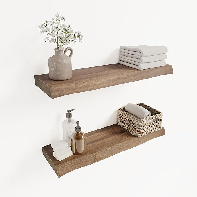 Howizz 24" Acacia Live Edge Floating Shelves Set of 2 - Wall Mounted Wooden Shelf for Stylish Home Décor - Dark Walnut Color 24x7.5x1.5 Inches
