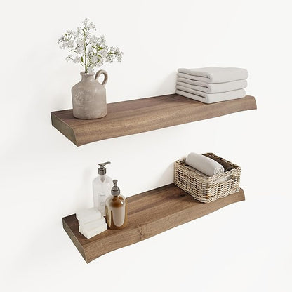 Howizz 24" Acacia Live Edge Floating Shelves Set of 2 - Wall Mounted Wooden Shelf for Stylish Home Décor - Dark Walnut Color 24x7.5x1.5 Inches
