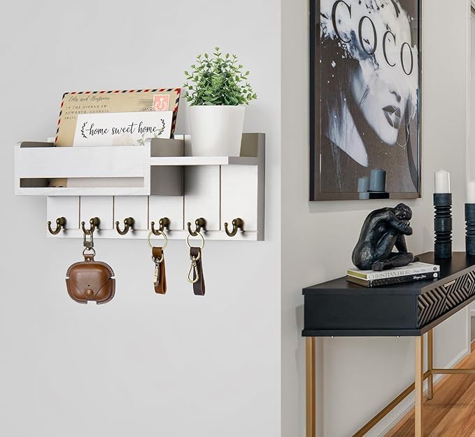 Key Holder Wall Mount - Key Hooks for Wall Decor Living Room - Wooden Key Hanger Rack and Mail Organizer with Shelf for Home Essentials - Modern Entryway House Decor Aesthetic