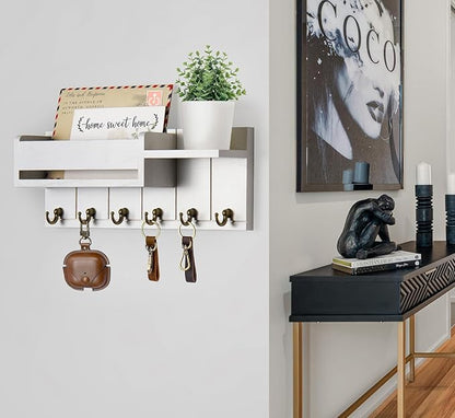 Key Holder Wall Mount - Key Hooks for Wall Decor Living Room - Wooden Key Hanger Rack and Mail Organizer with Shelf for Home Essentials - Modern Entryway House Decor Aesthetic