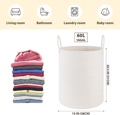 OIAHOMY Large Laundry Basket Hamper - 60L Cotton Rope Woven Basket for Blankets, Toys, Clothes - Tall Decorative Nursery Hamper with Long Handles, White