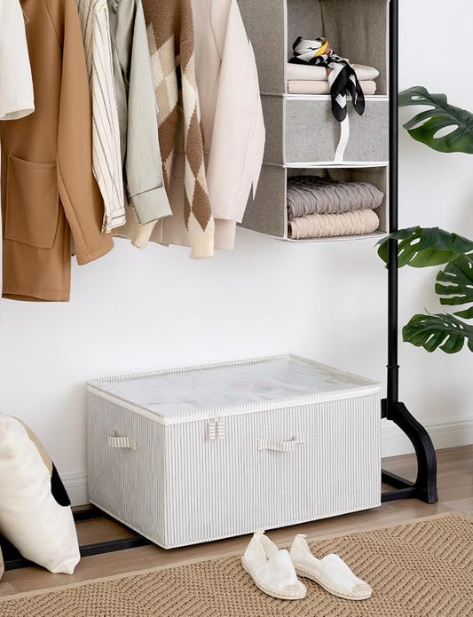StorageWorks Shoe Organizer for Closet, Fits up to 24 Pairs, Shoe Cubby Storage Containers with Adjustable Dividers and Clear Cover, Khaki and Beige Stripes