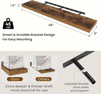 Dreamland 48 inch Floating Shelves for Wall Large Wall Mounted Shelves with Invisible Brackets, Brown Long Shelves for Bathroom, Living Room, Kitchen, Office, 48x9.1 inch deep Set of 2
