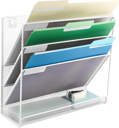 EASEPRES Desk File Organizer Mesh 4-Tier, Hanging Wall Mount Document Organization Stand, Desktop Vertical Mail Paper Folder Holder Rack with Bottom Tray for Office Home Cubicle Countertop, White