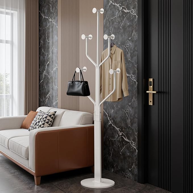 Coat Rack Freestanding with 10 Hooks, Metal Coat Rack Stand, Heavy Duty Standing Coat Tree with Sturdy Round Base for Clothes, Hat, Jacket/Entryway, Hallway, Bedroom, White