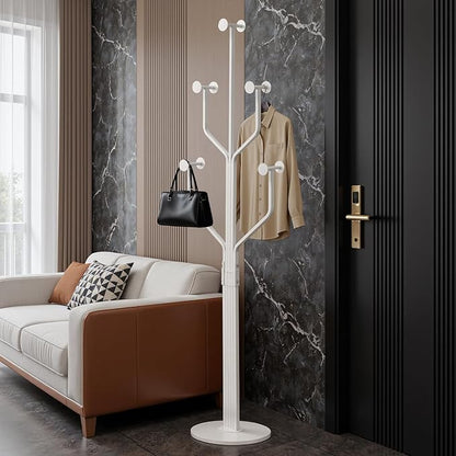 Coat Rack Freestanding with 10 Hooks, Metal Coat Rack Stand, Heavy Duty Standing Coat Tree with Sturdy Round Base for Clothes, Hat, Jacket/Entryway, Hallway, Bedroom, White