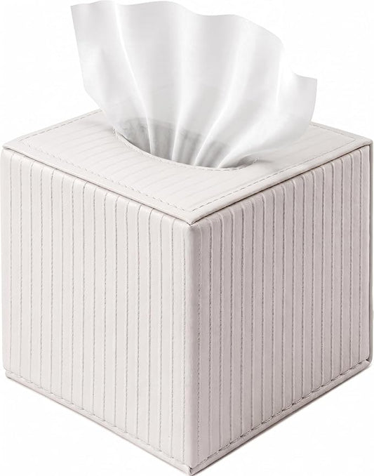 White Square PU Leather Tissue Box Cover with Magnetic Bottom – Stylish Cube Holder for Napkins, Decorative for Bathroom, Living Room, Office, Car, Nightstand
